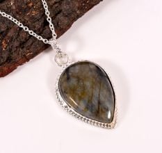 Silver Plated Brass Pear Shaped Labradorite Necklace for Women Gift Jewelry